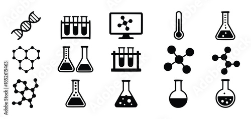 Black science including dna molecule test tubes beaker thermometer and molecular structures research