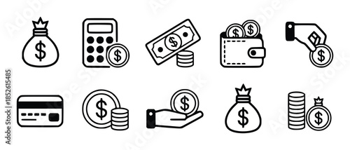 Collection of black and white finance and money including money bags coins calculator wallet credit card and bills