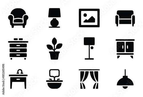 Black silhouette of furniture and home decor arranged in a grid white armchair