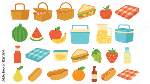 Colorful picnic food and drink items illustration for summer outdoor activities and events
