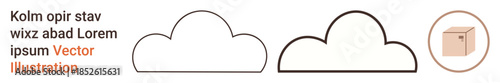 Cloud computing, storage solutions, digital networks, packaging systems, design elements, and minimalism. Two outlined cloud shapes and a box icon. Cloud computing and storage solutions concept