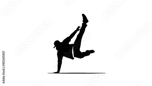 Breakdancer in dynamic pose with colorful cityscape background, showcasing urban street dance culture and movement
