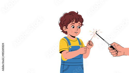 A young boy excitedly holding a sparkler with a hand offering another sparkler