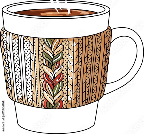 Cozy illustrated ceramic mug holding hot coffee or tea wrapped in a warm knitted sweater sleeve illustration