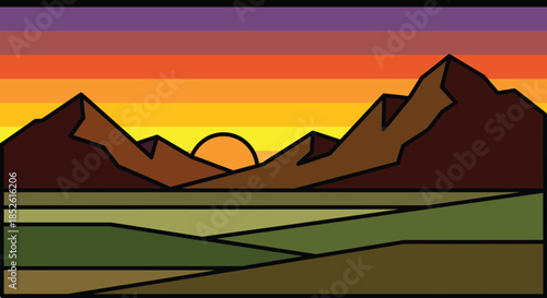A stylized illustration of a mountain range at sunset with vibrant colors and geometric shapes.