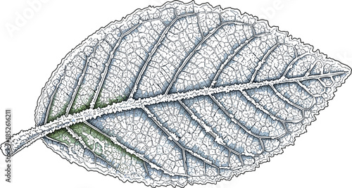 Detailed illustration of a frosty deciduous leaf structure covered in delicate white ice crystals against a stark white background