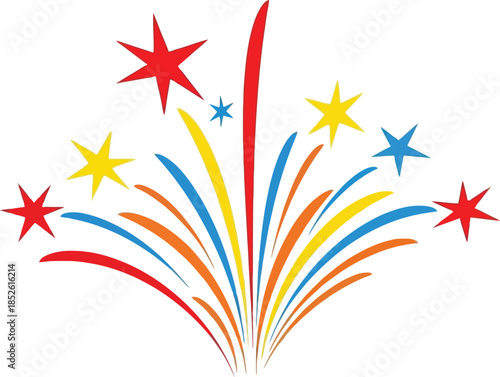 Vibrant abstract celebration firework burst graphic illustration with multiple colorful star shapes exploding against white