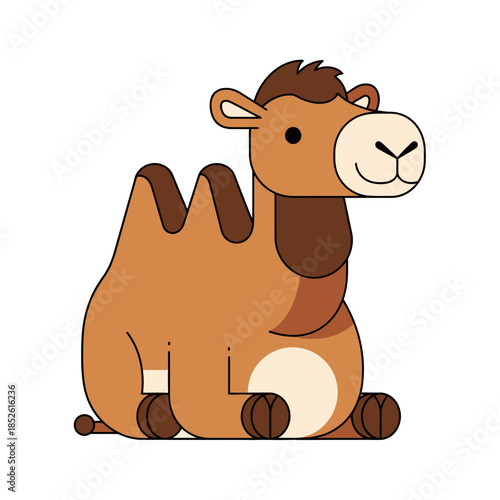A cartoon camel sitting down with a calm expression, facing slightly to the right, depicted in a simple illustration style, resting on a plain white background, viewed from the side, as seen in  