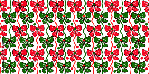 A seamless green and red ribbon floral pattern with vintage-style leaf embellishments in vector format, perfect for wallpaper and fabric design.