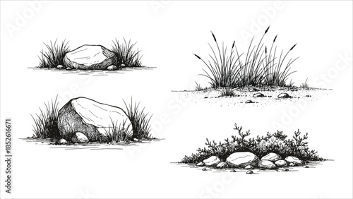 Minimal Side-View CAD Tree & Stone Symbols Sketch-Style Outline Graphics for Landscape Architecture.