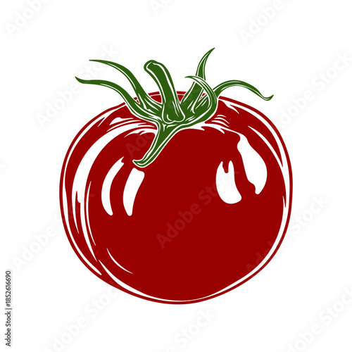 Red tomato with green stem without background.
