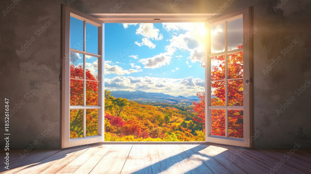 Fototapeta premium A beautiful open window framing a stunning autumn landscape filled with fall foliage, a bright blue sky, and a distant mountain range. The sunlight streams through. AI Generative