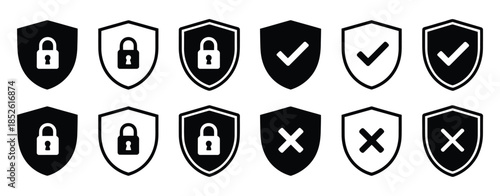 Lock, unlock, tick, and cross security shield icons in outline and solid vector style, black and white  featuring privacy, access protection
