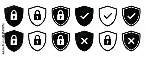 Lock and unlock vector icon set with tick, cross, and shield security symbols, outline and solid styles, black and white design, illustrating privacy