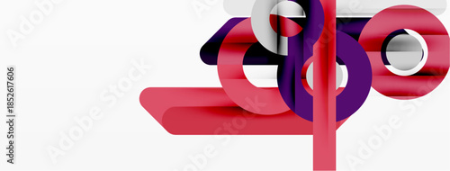 Abstract design features layered shapes, vibrant red, purple hues. Minimalist composition, clean lines, modern aesthetic.