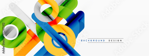 Abstract geometric shapes overlap, creating vibrant colorful design. Clean white background enhances visual impact. Modern aesthetic.