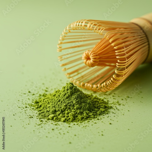 Matcha powder with bamboo whisk on a green background