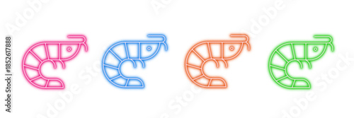 Neon glowing shrimp vector icons set, prawn, seafood, marine, aquatic, minimal, vibrant colorful digital design illustration on transparent background.