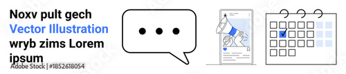 Marketing campaigns, communication tools, scheduling, social media management, strategic planning, content creation. Speech bubble, megaphone and calendar icons . Communication and promotion