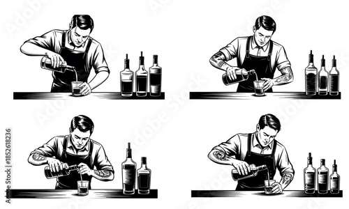 Bartender pouring drinks behind bar vintage illustration

