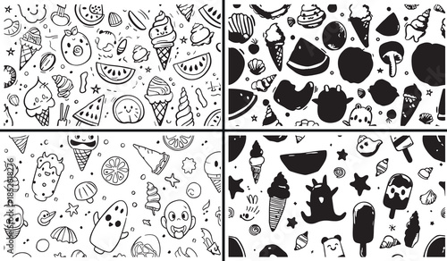 cute food clipart, fruit vegetable doodles, hand drawn food art, playful kitchen drawings, kawaii food icons, black white food clipart, printable food doodles, kids food pack, food outline collection,