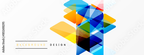 Abstract geometric shapes overlap, creating vibrant colorful design. White background emphasizes layered forms, modern aesthetic.