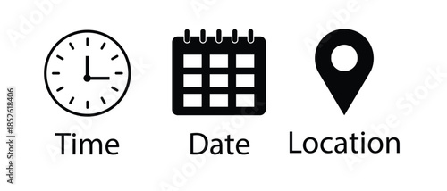 Simple black icons for time date and location information