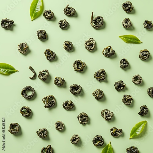 Loose leaf Chinese green tea pearls on a green background