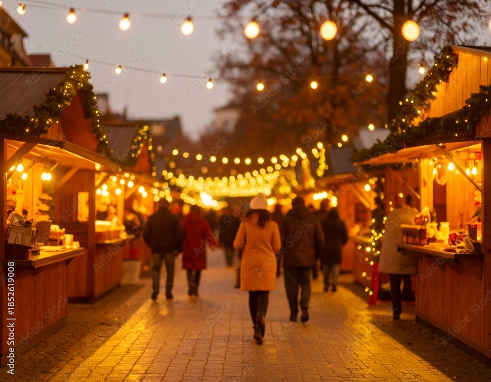 Obraz premium A bustling Christmas market at dusk with stalls and shoppers under twinkling string lights