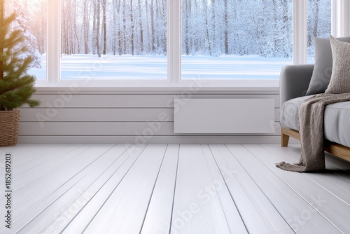 Wallpaper Mural Cozy winter interior with white wooden flooring, a couch, and a pine tree near a snowy window Torontodigital.ca