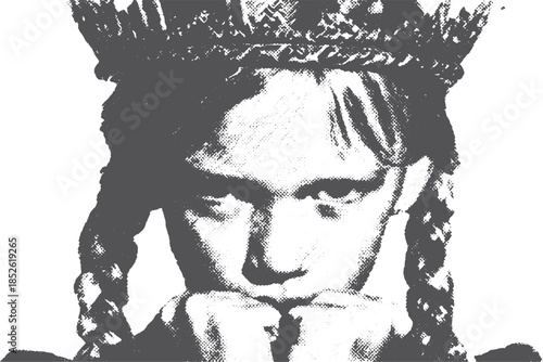 Girl with braids and a crown in black and white. Simple and dramatic portrait vector illustration emphasizing expression and individuality.