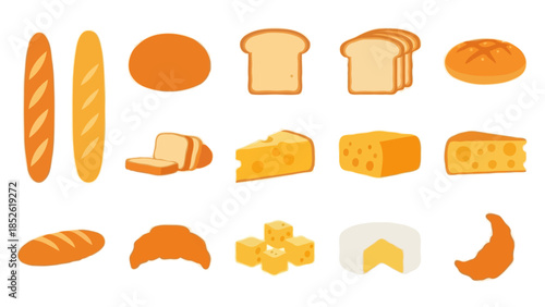 Bread and Cheese Icons Set Flat Vector