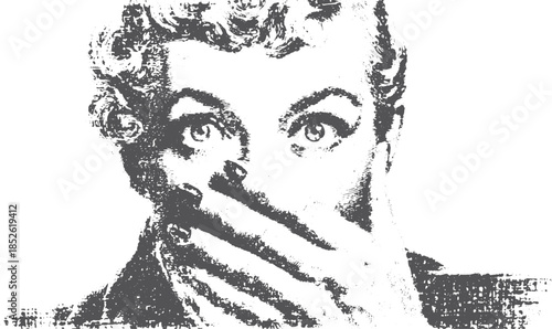 Vintage woman with a surprised expression covering her mouth. Bold black and white vector illustration with simple graphic style.