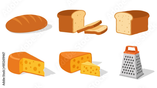 Bread and Cheese Icons Set Flat Vector