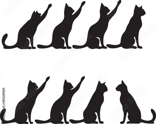 Black cat silhouettes in various poses on transparent background