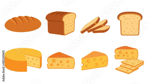 Bread and Cheese Icons Set Flat Vector