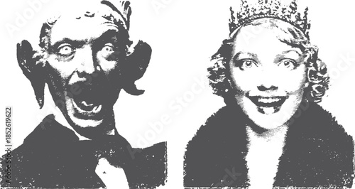Vintage character portraits of a male and female with expressive faces. This monochrome vector illustration features classic outfits in a set.