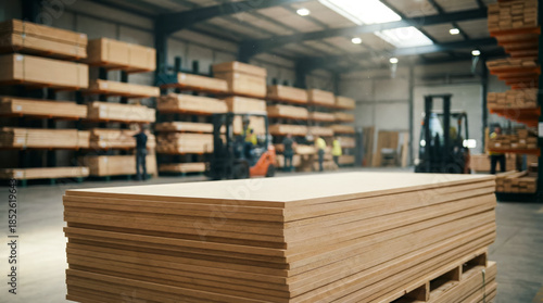 Wallpaper Mural Warehouse with plywood stacked on top of each other on a pallet, a warehouse for finished goods for shipment to customers, the concept of wooden manufacturing Torontodigital.ca