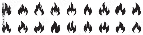 Collection of black flame icons set isolated on white background. Fire flame vector icon set. Flat design.