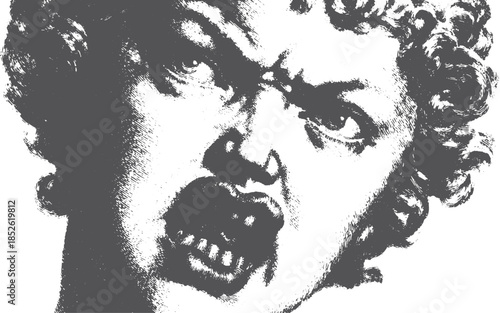 Anger expression in a detailed drawn style. Black and white vector illustration of a frowning face with prominent features.