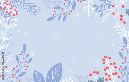 A light and elegant winter background with delicate leaf silhouettes and red berries around the edges. Clean design for professional seasonal branding.
