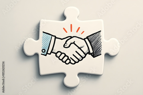 Handshake sketch on a white puzzle piece symbolizing business agreement, partnership, collaboration, and finding a solution.