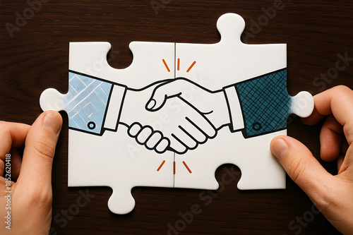 Business handshake illustration on two puzzle pieces being joined by hands, symbolizing agreement, partnership, and successful deal completion.