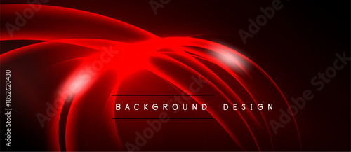 Abstract red lines create dynamic energy. Dark background emphasizes glowing curves, modern design element. Simple text overlay present.