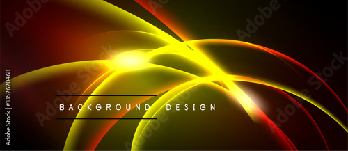 Dynamic abstract design features vibrant yellow, red glows. Dark background enhances luminosity, creating modern visual impact.