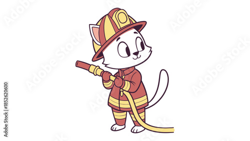 Cute cartoon cat dressed as a firefighter holding a hose
