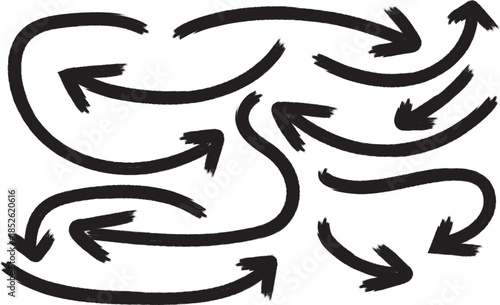 Bold hand drawn curved arrows flow set isolated on white