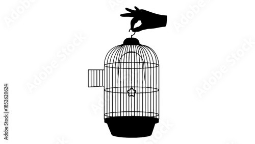 Hand releasing an empty birdcage, symbolizing freedom and escape from confinement.