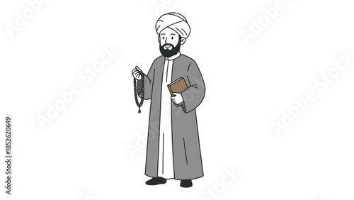 Man in traditional Islamic attire holding prayer beads and a book, representing faith and knowledge