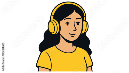 Young woman enjoying music with yellow headphones, smiling with eyes closed